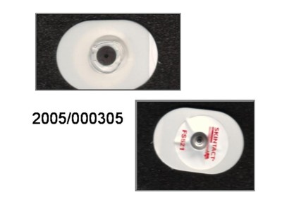 Ovale 3,5 x 5 cm große, weiße Schaumstoffscheibe.
In der Mitte dieser Scheibe befindet sich auf der einen Seite eine graphitgraue Scheibe mit einem Durchmesser von ca. 10 mm und einer Dicke von ca. 0,7 mm, eingegossen in durchsichtigen Kunststoff. Auf der anderen Seite befindet sich das Gegenstück, zur graphitgrauen Scheibe, aus Metall.
Sensorelement für EKG-Elektroden.