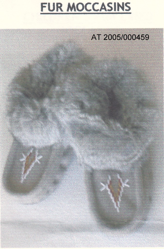 Schuh, sogenannter Mokassin
- mit einer flachen Laufsohle und einem Oberteil aus Leder der Position 4107 – den größten Teil der Außenfläche bildend,
- bis zum Knöchel reichend - diesen jedoch nicht bedeckend,
- gefüttert,
- mit einem am Vorderblatt verlaufenden Zierwulst, welcher durch das Vernähen des Deckleders mit den Seitenteilen entsteht,
- mit am Vorderblatt aufgestickten Glasperlen versehen,
- mit einem Pelzbesatz (Kaninchen) am oberen Schuhschaft,
- für Männer und Frauen.

Aufgrund der Laufsohle aus Leder ist der vorliegende Mokassin für den Innenbereich vorgesehen.