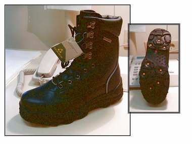 Schuh
- mit einer profilierten, mehrlagigen, nicht gespritzen Laufsohle aus Kautschuk,
- mit einem Oberteil aus einem überwiegenden Anteil an Leder und mit Kunststoffteilen als Verstärkungsteilen ausgestattet,
- im Sohlenbereich mit einem reflektierenden Gewebe eingefasst (kein Obermaterial darstellend), 
- den Knöchel, aber nicht die Wade bedeckend,
- zum Schnüren und mit Metallösen ausgestattet,
- mit geschlossenem Blatt,
- mit einer Innensohle von mehr als 24 cm,
- nicht als Männer oder Frauenschuh erkennbar,
- kein Schuh für Sportzwecke.