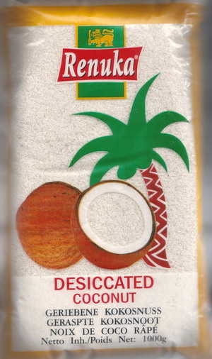 Weiße, geraspelte, getrocknete Kokosnüsse, zu Ernährungszwecken (zum menschlichen Genuss geeignet).