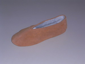 Mokassinähnlicher Schuh (Hausschuh)
- den Knöchel nicht bedeckend,
- mit einer flachen Laufsohle aus vorwiegend Leder (52%), und Spinnstoffen (48%, Baumwollgewebe, welches eine Rippenstruktur aufweist),
- mit einem Oberteil aus zwei gleichgroßen, zusammengenähten Teilen aus Rauleder, mit einer Bändchen – Applikation versehen,
- gefüttert mit einem Webpelz,
- mit geschlossenem Blatt,
- für Frauen und Männer .

Aufgrund der Laufsohle aus Leder und Spinnstoff ist der vorliegende Schuh für den Innenbereich vorgesehen.