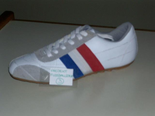 Schuh
- den Knöchel nicht bedeckend;
- zum Schnüren, mit geschlossenem Blatt;
- mit einem, den größten Teil der Oberfläche bildenden Oberteil aus zusammengenähten, mehrfärbigen Lederteilen;
- mit einer profilierten (Noppen) Laufsohle aus Kautschuk;
- einen Sportschuh darstellend.
Aufgrund seiner Sohlenprofilierung (Noppen) handelt es sich beim gegenständlichen Muster um einen Fußballschuh für trockenen Rasen und Hartplätze.