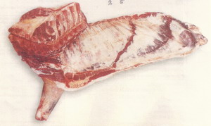 Roher, gekühlter, vorderer Teil des halben Körpers des männlichen , ausgewachsenen Rindes (Vorderviertel), getrennt, mit allen Knochen, Hals und Schulter, fünf oder sechs ganzen Rippen mit Fleisch und Knochendünnung (Lappen).