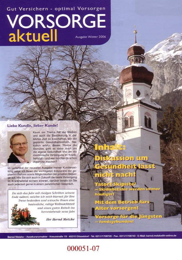 Fachzeitschrift "VORSORGE aktuell" für Versicherungsmakler zur Kundeninformation;
Periodisch 4 x jährlich erscheinende, in Mehrfarbendruck hergestellte, illustrierte 4-seitige Druckschrift im Hochformat von ca. 21 cm x 29,7 cm; enthält nach einem Vorwort und Impressum, allgemeine Informationen über das Finanz- und Versicherungs-Wesen der herausgebenden Versicherungsgruppe (Versicherungsmakler) für deren Kunden, aber keine direkte Werbung.
Derartige Waren gehören als "andere periodische Druckschriften, auch mit Bildern oder Werbung enthaltend" zur Codenummer 4902 9090 des Elektronischen Zolltarifs.