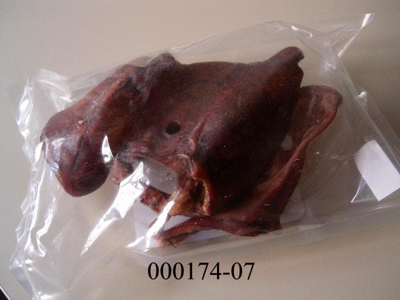 Schlachtnebenerzeugnisse in Form von, für den menschlichen Verzehr geeigneten, getrockneten Schweineohren, ohne Zusätze jeglicher Art; aufgemacht in bedruckten Klarsichtfolienbeuteln; das Erzeugnis dient als Tierergänzungsnahrung.