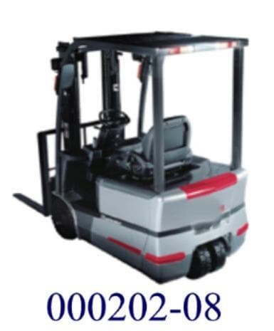 Gabelstapler mit Elektromotor, 
- aus einem selbstfahrenden Karren mit Antriebsrad, dreirädriger Bauweise, Lenkrad, Fahrersitz, Hubeinheit aus Hubmast und Gabelträger, gabelförmiger Lastenauflage, batteriebetriebenen Elektromotoren für Hub- und Fahrbewegungen, Bedien- und Anzeigeelementen, Notschalter, Hupe und Sicherheitstaste,
- mit einer Hubhöhe von 3000 mm und einer Tragkraft von 1750 kg,
- zum Heben, Transportieren und Stapeln von üblicherweise auf Paletten befindlichen Waren.

Der Elektro-Gabelstapler wird durch einen mitfahrenden Bediener gesteuert und besitzt eine Hecklenkung mit sehr großem Lenkeinschlag. 
(Abbildung siehe Anlage)

"Mit Hebevorrichtung ausgerüsteter Karren zum Fördern und für das Hantieren, Elektrokraftkarren, zum Heben bis auf eine Höhe von 3000 mm - sog. Elektro-Gabelstapler"