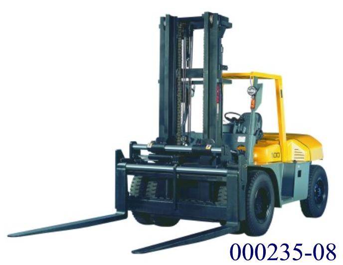 Gabelstapler mit Dieselmotor, 
- aus einem selbstfahrenden Karren mit Antriebsrädern, sechsrädriger Bauweise, Lenkrad, Fahrersitz, Hubeinheit aus Hubmast und Gabelträger, gabelförmiger Lastenauflage, Dieselmotorantrieb und Hydrauliksteuerung für Hub- und Fahrbewegungen, Bedien- und Anzeigeelementen, Hupe und Sicherheitsschalter,
- mit einer Hubhöhe von 3000 mm und einer Tragkraft von 10000 kg,
- zum Heben, Transportieren und Stapeln von diversen Waren.

Der Diesel-Gabelstapler wird durch einen mitfahrenden Bediener gesteuert und besitzt eine Hecklenkung mit sehr großem Lenkeinschlag. 
(Abbildung siehe Anlage)

"Mit Hebevorrichtung ausgerüsteter Karren zum Fördern und für das Hantieren, andere selbstfahrende Karren, zum Heben bis auf eine Höhe von 3000 mm - sog. Diesel-Gabelstapler"