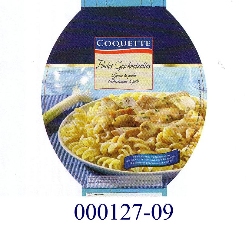 Nicht gefülltes, nicht getrocknetes, vorgekochtes, pasteurisiertes Teigwarenfertiggericht, weniger als 20 GHT Wurst und ähnliche Erzeugnisse, Fleisch und Schlachtnebenerzeugnisse jeder Art, einschließlich Fette jeder Art oder Herkunft enhaltend, in Form von gelbfarbenen Spiralnudeln (Anteil: ca. 37 GHT), bestehend aus Wasser, Hartweizengrieß, pflanzlichem Öl und Kochsalz, einer Sauce (Anteil: ca. 44 GHT), bestehend aus Wasser, Rahm, Champignons, modifizierter Stärke, Weisswein, Kochsalz, Stärke, Zwiebeln, pflanzlichem Öl, Zucker, Gewürzen, Caramelzucker, Tomatenkonzentrat, Aromen und Verdickungsmitteln, sowie einer Fleischzubereitung (Anteil: ca. 19 GHT), bestehend aus geschnetzeltem Hühnerfleisch, Stärke, pflanzlichem Öl, Kochsalz, Zucker und Gewürzen; aufgemacht in einer, aus zwei getrennten Kammern bestehenden, schwarzen Kunststofftasse mit aufgeschweißtem Foliendeckel zu 350 g in einem bunt bedruckten, schleifenförmigen Überkarton.