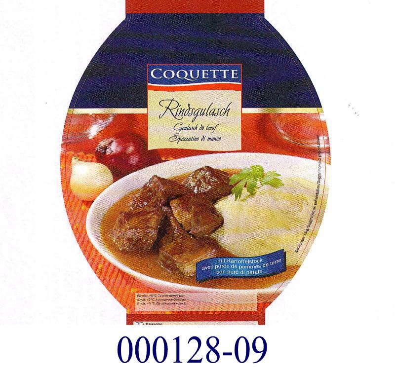 Warenzusammenstellung in Aufmachung für den Einzelverkauf in Form eines gegarten, pasteurisierten Fertiggerichts, bestehend aus Fleischwürfeln mit Kartoffelpüree und einer Sauce, im Wesentlichen bestehend aus Rindfleisch (Anteil: ca. 33 GHT), Wasser, Zwiebeln, modifizierter Stärke, Tomatenkonzentrat, Kochsalz, Gewürzen, Weizenmehl, pflanzlichem Öl, Hefeextrakt, Maltodextrin, Caramelzucker, Aromen und Zucker sowie Kartoffelpüree (Anteil: ca. 43 GHT), bestehend aus Kartoffeln, pflanzlichem Öl, Speisesalz, Lactose, Milcheiweiß, Verdickungsmittel, Aroma, Curcuma, Antioxidationsmittel und Gewürzextrakt; aufgemacht in einer, aus zwei getrennten Kammern bestehenden, schwarzen Kunststofftasse mit aufgeschweißtem Foliendeckel zu 350 g in einem bunt bedruckten, schleifenförmigen Überkarton; das Wesen der Ware wird von der Fleischzubereitung bestimmt.