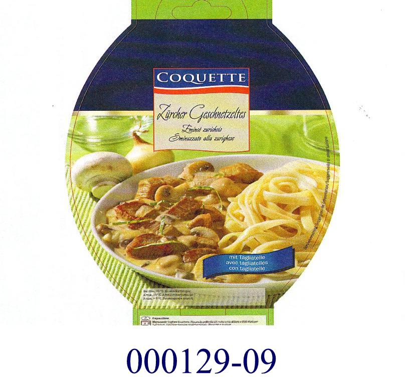 Warenzusammenstellung in Aufmachung für den Einzelverkauf in Form eines gegarten, pasteurisierten Fertiggerichts, bestehend aus einer geschnetzelten Kalbfleischzubereitung (Anteil: ca. 30 GHT), Teigwaren (Bandnudeln, Anteil: ca. 37 GHT) und einer Sauce; im Wesentlichen bestehend aus Kalbfleisch mit Zusatz von Stärke, pflanzlichem Öl, Kochsalz, Zucker und Gewürzen; Bandnudeln, bestehend aus Wasser, Hartweizengriess, Vollei und pflanzlichem Öl, sowie einer Sauce, bestehend aus Pilzen (Champignons, Steinpilze), Rahm, modifizierten Stärken, Zwiebel, Weizenmehl, pflanlichem Öl, Maltodextrin, Tomatenkonzentrat, Kochsalz, Petersilie, Zitronensaftkonzentrat, Caramelzucker, Hefeextrakt, Aromen, Gerstenmalzextrakt, Gewürzen und Verdickungsmittel; aufgemacht in einer, aus zwei getrennten Kammern bestehenden, schwarzen Kunststofftasse mit aufgeschweißtem Foliendeckel zu 350 g in einem bunt bedruckten, schleifenförmigen Überkarton; das Wesen der Ware wird von der Fleischzubereitung bestimmt.