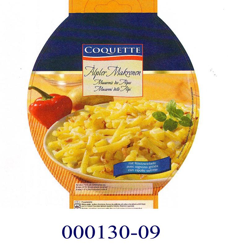 Nicht gefülltes, nicht getrocknetes, vorgekochtes, pasteurisiertes Teigwarenfertiggericht, keine Wurst und ähnliche Erzeugnisse, Fleisch und Schlachtnebenerzeugnisse jeder Art, einschließlich Fette jeder Art oder Herkunft enhaltend, in Form von gelbfarbenen Makkaroni (Anteil: ca. 38 GHT), bestehend aus Wasser, Hartweizengrieß, Vollei und Kochsalz sowie Käse (Anteil: ca. 10 GHT), Kartoffelwürfel (Anteil: ca. 10 GHT), Rahm, Röstzwiebeln (Anteil: ca. 3 GHT), modifizierte Stärke, pflanzliches Öl, jodiertem Kochsalz, Stärke, Hefeextrakt, Milcheiweiss, Zucker, Gewürze, Gewürzextrakte, Verdickungsmittel und Aroma enthaltend; aufgemacht in einer schwarzen Kunststofftasse mit aufgeschweißtem Foliendeckel zu 350 g in einem bunt bedruckten, schleifenförmigen Überkarton.
