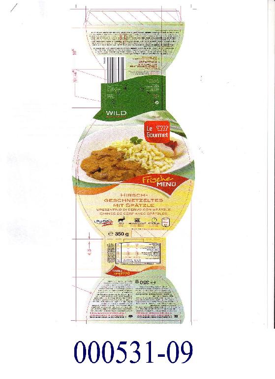 Lebensmittelzubereitung in Form eines vorgekochten, pasteurisierten Fertiggerichts, bestehend aus einer geschnetzelten Zubereitung von Hirschfleisch in einer Sauce (Anteil an Fleisch: ca. 35 GHT) und Teigwaren (Spätzle, Anteil: ca. 43 GHT); im Wesentlichen bestehend aus gegartem Hirschfleisch eingelegt in eine Sauce, bestehend aus Wasser, Pilzen, Rahm, modifizierter Stärke, pflanzlichem Öl, Tomatenkonzentrat, Preiselbeeren, Zitronensaftkonzentrat, jodiertem Speisesalz, Glucose-Fructosesirup, Hefextrakt, Zucker, Gewürzen, sowie geringfügigen anderen Zutaten; Spätzle, bestehend aus Weizenmehl, Wasser, Vollei, pflanzlichem Öl, jodiertem Speisesalz, Gewürzen und Gewürzextrakten; aufgemacht in einer, aus zwei getrennten Kammern bestehenden, schwarzen Kunststofftasse mit aufgeschweißtem Foliendeckel zu 350 g in einem bunt bedruckten, schleifenförmigen Überkarton.