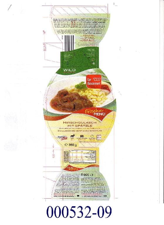 Lebensmittelzubereitung in Form eines vorgekochten, pasteurisierten Fertiggerichts, bestehend aus einer geschnetzelten Zubereitung von Hirschfleisch in einer Sauce (Anteil an Fleisch: ca. 40 GHT) und Teigwaren (Spätzle, Anteil: ca. 43 GHT); im Wesentlichen bestehend aus gegartem Hirschfleisch eingelegt in eine Sauce, bestehend aus Wasser, Rotwein, Apfelmus, Gemüse (Zwiebeln, Karotten, Sellerie), Tomatenkonzentrat, Preiselbeeren, geröstetem Weizenmehl, Glucose-Fructosesirup, modifizierter Stärke, jodiertem Kochsalz, pflanzlichem Öl, Hefextrakt, Maltodextrin, Aromen, sowie geringfügigen anderen Zutaten; Spätzle, bestehend aus Weizenmehl, Wasser, Vollei, pflanzlichem Öl, jodiertem Speisesalz, Gewürzen und Gewürzextrakten; aufgemacht in einer, aus zwei getrennten Kammern bestehenden, schwarzen Kunststofftasse mit aufgeschweißtem Foliendeckel zu 350 g in einem bunt bedruckten, schleifenförmigen Überkarton.