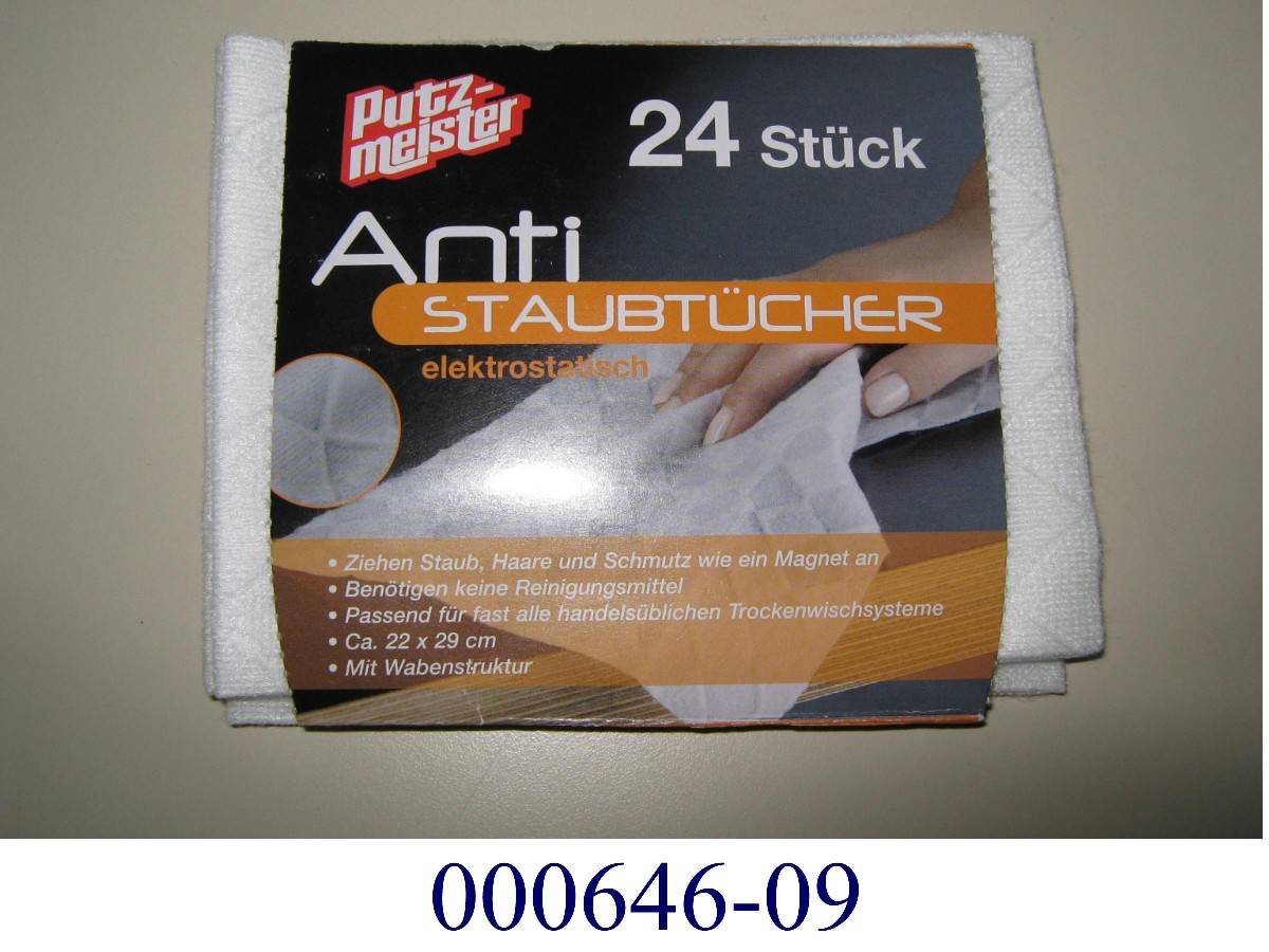 Flächenerzeugnis in Form eines Staubtuches
- konfektioniert (gebrauchsfertig),
- mit den Abmessungen von ca. 28 x 22 cm,
- bestehend aus einem einfärbigen Vlies aus synthetischen Spinnstoffen auf Polyesterbasis,
- findet laut Antragsteller als Wischtuch Verwendung.