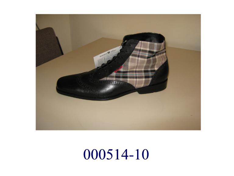 Schuh :
- den Knöchel, nicht jedoch die Wade bedeckend, 
- mit geschlossenem Blatt,
- mit einer profilierten, mehrlagigen Laufsohle aus Leder,
- mit einem Oberteil aus auf das Futter aufgenähten, einfärbigen Lederteilen (den größten Teil der Außenfläche bildend) und Zubehör- und Verstärkungsteilen aus einem mehrfärbigen, gewebten Spinnstoff (eine höhere Festigkeit verleihend), 
- Länge der Innensohle 24 cm oder mehr,
- aufgrund der äußeren Verarbeitung als Männerschuh erkennbar,
- kein Sportschuh, kein Schuh für Sportzwecke.