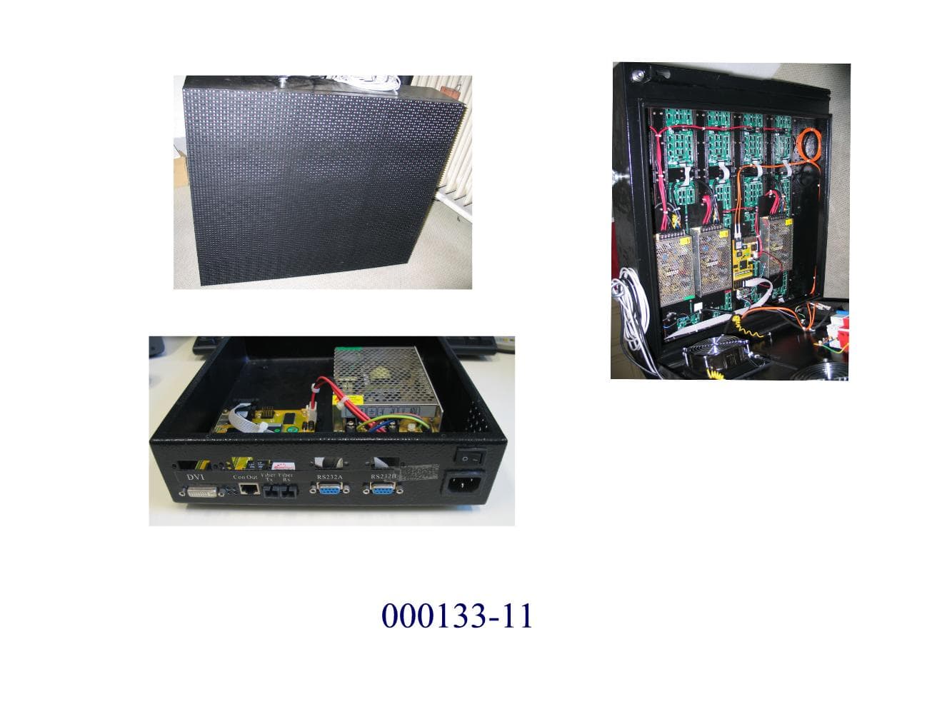 LED-Display-Modul mit dazugehöriger Controller-Box (Transmittingbox) bestehend aus
- einem Leuchtdioden-Anzeigemodul aus 15 LED-Anzeigesegmenten mit jeweils 8 RGB x 16 Pixel, Signal- und Spannungsaufbereitungselektronik in einem gemeinsamen Gehäuse (Abmessungen: ca. 64 x 77 x 21,5 cm) mit 2 SC-Lichtwellenleiterbuchsen, einer spezifischen Spannungsversorgungsbuchse und einem über Kabel verbundenem Lichtsensormodul zum Erfassen der Umgebungslichtintensität,
- einer Transmitting Box aus Steuer-, Videosignal- und Spannungsaufbereitungselektronik in einem Gehäuse (Abmessungen: ca. 30 x 25,5 x 8,5 cm) mit diversen Anschlüssen (DVI, RJ45, 2 SC-Lichtwellenleiterbuchsen, 2 RS232, Kaltgeräteeinbaustecker),
- mit einer Bildwiederholfrequenz zwischen 200 und 500 Hz (Antragstellerangabe),
- mit einem SC-Duplex-Lichtwellenleiterkabel und Stromversorgungskabel als Zubehör.
Der Artikel dient in Verbindung mit einem PC als "Real Time Player" zum Wiedergeben (z.B.: von Grafiken, Bildern, Videos, Animationen, etc.).
(Abbildungen siehe Anlage)

"LED-Monitor für mehrfarbiges Bild".