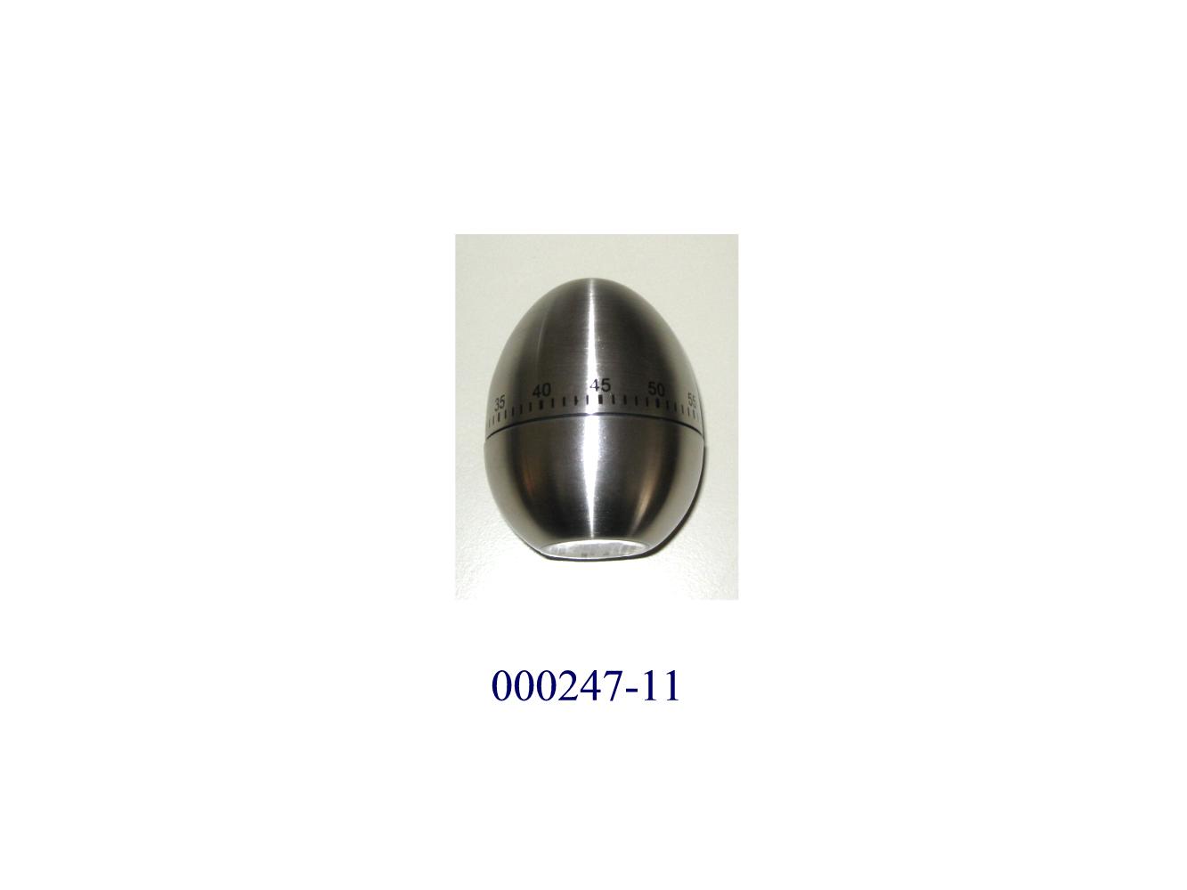 Kurzzeitmesser (Minutenzähler), sog. Eieruhr, bestehend aus einem mechanischem Weckerwerk (Abmessungen: ca. 47,2 x 23,1 mm) mit integriertem Läutwerk, in einem eiförmigen, zweigeteilten Gehäuse (Abmessungen (D x H): ca. 61 x 77 mm), aus gebürstetem Edelstahl (Antragstellerangabe). 
Der obere Teil, auf dem sich die Zeitmesseinteilung von 0 bis 60 in Zahlen und Stricheinteilung befindet, dient zum Aufziehen des Zeitmessers. Nach dem Zeitablauf der individuell eingestellten Minutenanzahl wird kurzzeitig das Läutwerk ausgelöst.
 (Abbildung siehe Anlage)