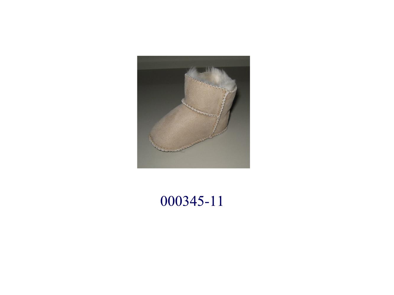 Schuh in Form eines Baby-Schuhes
- mit geschlossenem Blatt, seitlich mit einem Klettverschluß versehen, die Knöchel, nicht jedoch die Wade bedeckend,
- mit einer Laufsohle und einem Obermaterial aus Pelzfell (laut Firmenangaben Schaffell), wobei das Fell den Innenteil und die gegerbte Haut den Außenteil des Schuhes bilden,
- Länge der Innensohle weniger als 24 cm.