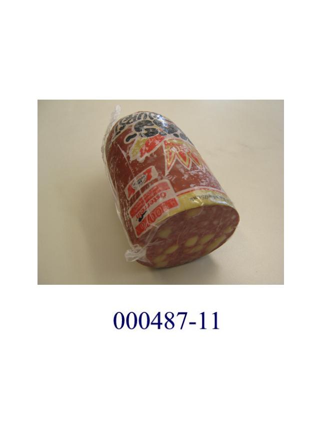 Gegarte Brühwurst, in bedrucktem Kunstdarm; nicht aus Lebern, keine Rohwurst; im Wesentlichen bestehend aus grobem Wurstbrät mit Käsestückchen durchsetzt; ohne Fleisch oder Schlachtnebenerzeugnissen von Hühnern; mit Gehalt an tierischem Protein: mehr als 10 GHT; Kollagen-Protein-Verhältnis: weniger als 0,30; Fremdwassergehalt: weniger als 10 GHT; aufgemacht in Stangen zu ca. 2,6 kg.