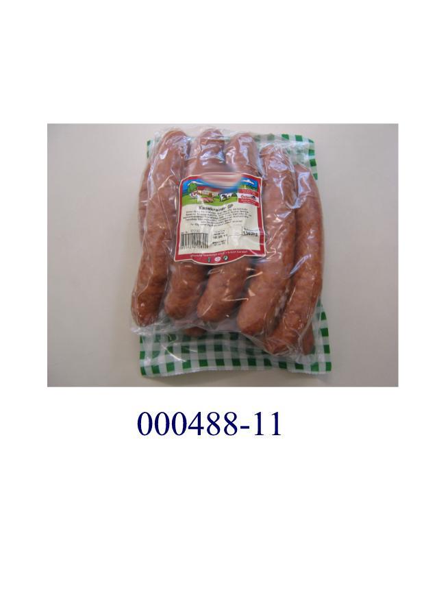 Gegarte Würste, in Naturdärmen; nicht aus Lebern, keine Rohwurst; im Wesentlichen bestehend aus grobem Wurstbrät mit Käsestückchen durchsetzt; ohne Fleisch oder Schlachtnebenerzeugnissen von Hühnern; mit Gehalt an tierischem Protein: mehr als 10 GHT; Kollagen-Protein-Verhältnis: weniger als 0,30; Fremdwassergehalt: weniger als 10 GHT; aufgemacht in Vakuumverpackung aus Kunststoff zu 10 Stück.