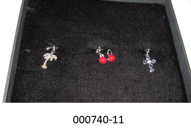 Schmuckware in Form von drei Anhängern
- mit je einer Größe von ca. 2 - 3 cm,
- mit einem Karabinerverschluß ausgestattet, um an einem Bettelarmband befestigt zu werden,
- bestehend aus Sterling Silber 925,
- aufgemacht in einer Pappschachtel mit einem Einsatz aus Schaumstoff für den Einzelverkauf.