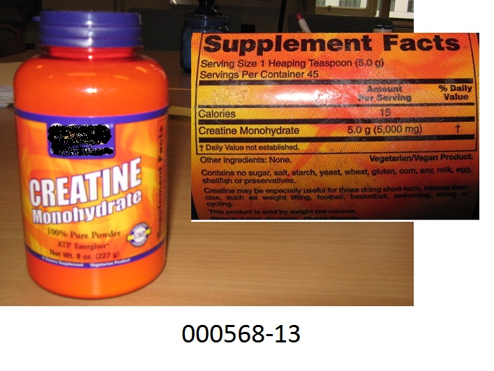 Weiße, feinkristalline, chemisch einheitliche, organische Verbindung mit Iminfunktion und zwar 2-(Methylguanidino)ethansäure-Monohydrat (Creatin Monohydrat); aufgemacht in einer etikettierten, orangefarbenen Klarsichtkunststoffflasche mit blauem Klappdeckel mit Sicherungsring und Innenversiegelung zu 227 g (8 oz).