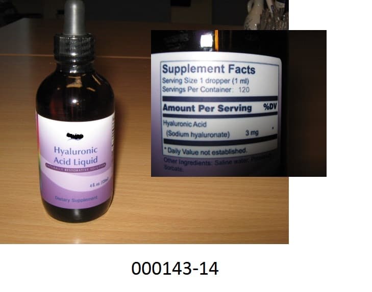 Bezeichnung lt. Originalpackung:  BioPure - Hyaluronic Acid Liquid; Naturally Restorative Solution; 4 fl. oz. (120 ml); Dietary Supplement

Verpackung:
Kleinverkaufspackung zu 4 fl. oz. (120 ml).
Etikettiertes Braunglasfläschchen mit versiegeltem schwarzem Schraubverschluss mit integrierter Quetschpipette.
Rohgewicht: 238,6 g.

Inhalt/Aussehen:
Farblose, klare, geruchlose, viskose Flüssigkeit.

Untersuchungsergebnis:
Alkoholfreie unmittelbar trinkbare Zubereitung aus sehr geringen Mengen Hyaluronsäure (als Natriumhyaluronat), gelöst in kochsalzhältigem Wasser mit Konservierungsmittel Kaliumsorbat.

Lt. Etikette:
Einzunehmende Menge ist 1 Pipette (1 ml); Keine Angaben zur Art der Anwendung; Keine Angaben hinsichtlich einer Behandlung oder Vorbeugung von spezifischen Krankheiten oder Leiden.

Einreihung:
Anderes nichtalkoholhaltiges Getränk, keine Erzeugnisse der Positionen 0401 bis 0404 und keine Fette aus Erzeugnissen der Positionen 0401 bis 0404 enthaltend, keinen Zucker (Saccharose oder Invertzucker) enthaltend.

Tarifierungsvorschlag: 2202 9010 99
