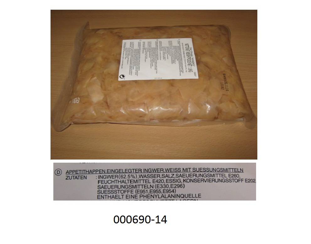 Mit Essig zubereitet oder haltbar gemachte Pflanzenteile in Form von hellbraunem, in Scheiben geschnittenem, nach Ingwer riechendem und scharf schmeckendem Ingwer, eingelegt in eine schwach trübe Marinade, im Wesentlichen bestehend aus Wasser, Essig, Saccharin und Konservierungsstoffen; mit einem Gehalt an freier flüchtiger Säure, berechnet als Essigsäure von mehr als 0,5 GHT; keinen zugesetzten Zucker enthaltend; aufgemacht in einem bedruckten Kunststoffsiegelrandbeutel zu 1,5 kg.