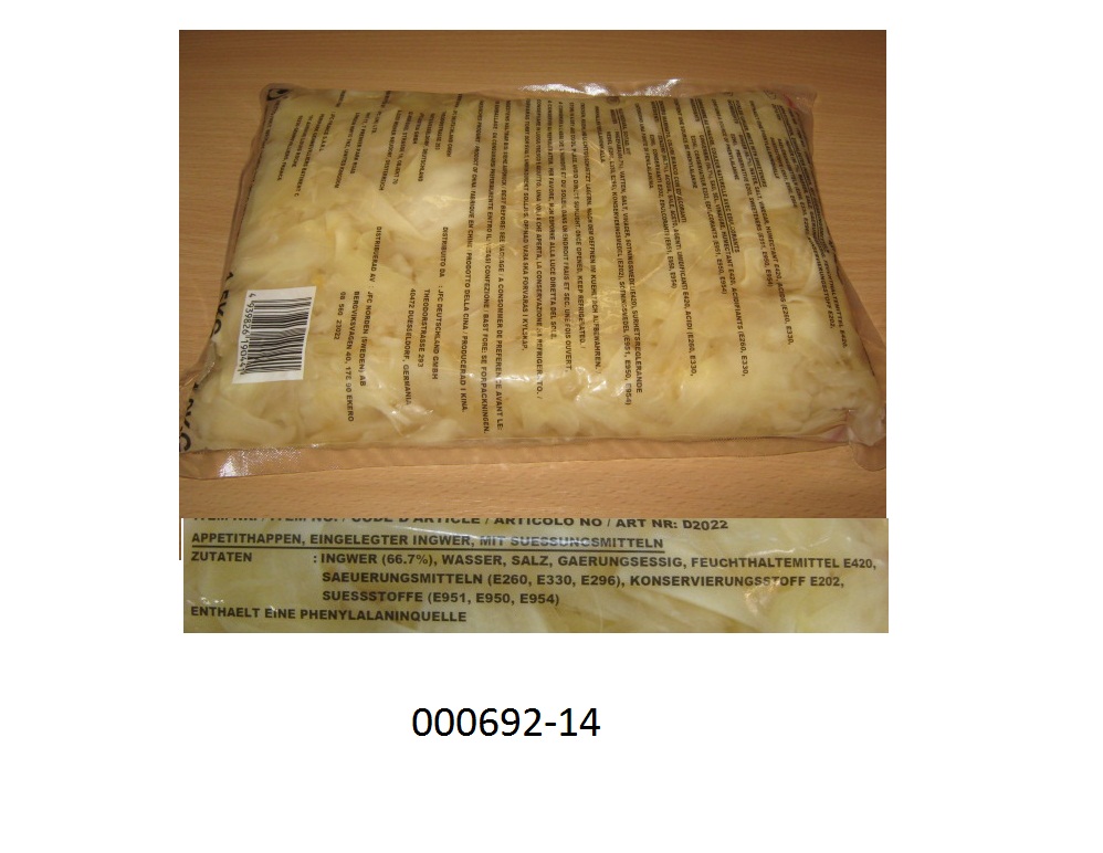 Mit Essig zubereitet oder haltbar gemachte Pflanzenteile in Form von beigefarbenem, in Scheiben geschnittenem, nach Ingwer riechendem und scharf schmeckendem Ingwer, eingelegt in eine schwach trübe Marinade, im Wesentlichen bestehend aus Wasser, Essig, Saccharin und Konservierungsstoffen; mit einem Gehalt an freier flüchtiger Säure, berechnet als Essigsäure von mehr als 0,5 GHT; keinen zugesetzten Zucker enthaltend; aufgemacht in einem bedruckten Kunststoffsiegelrandbeutel zu 1,5 kg.