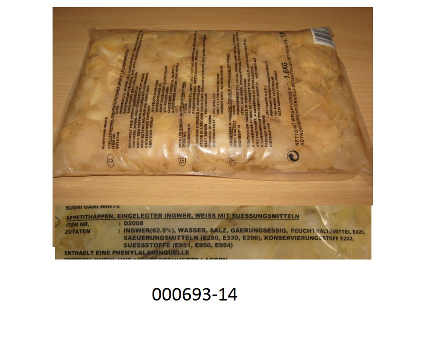 Mit Essig zubereitet oder haltbar gemachte Pflanzenteile in Form von hellbraunem, in Scheiben geschnittenem, nach Ingwer riechendem und scharf schmeckendem Ingwer, eingelegt in eine schwach trübe Marinade, im Wesentlichen bestehend aus Wasser, Essig, Saccharin und Konservierungsstoffen; mit einem Gehalt an freier flüchtiger Säure, berechnet als Essigsäure von mehr als 0,5 GHT; keinen zugesetzten Zucker enthaltend; aufgemacht in einem bedruckten Kunststoffsiegelrandbeutel zu 1 kg.
