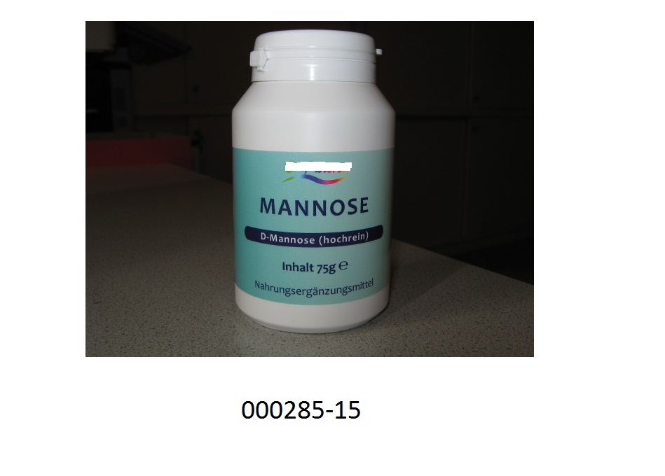 Chemisch reiner Zucker (Mannose), in Form eines weißen, wasserlöslichen Pulvers; aufgemacht in einer etikettierten, weißen Kunststoffdose mit weißem Klappverschluss mit Sicherungsring zu 75 g; das Erzeugnis dient als Nahrungsergänzung.