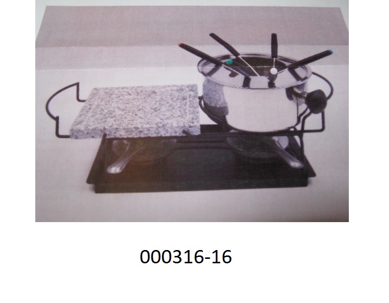 Warenzusammenstellung in Form eines Fondue-Sets, bestehend aus 
- einem runden Fondue-Topf aus Stahl (nicht rostfrei),
- einem passgenauen Spritzschutz (Gabelhalter) aus Edelstahl,
- sechs Fonduegabeln aus Edelstahl mit Kunststoffgriffen,
- zwei Brennbehältern aus Edelstahl für Festbrennstoffe und flüssige Brennstoffe,
- einer rechteckigen passgenauen Marmorsteinplatte,
- einem Gestell aus unedlem Metall, verchromt, und
- einer rechteckigen Edelstahlplatte als Unterlage für das Fondue-Set.
Als wesensbestimmende Komponente ist der Fondue-Topf anzusehen. 
(Abbildung siehe Anlage, Materialangaben laut Antragsteller)