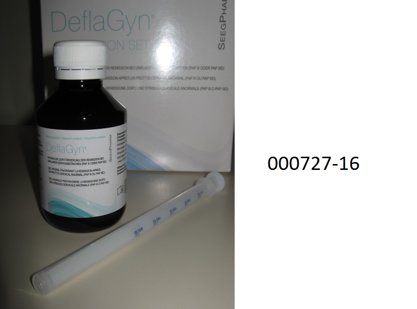Arzneiware zu therapeutischen oder prophylaktischen Zwecken (Vaginalgel), dosiert und in Aufmachung als Warenzusammenstellung für den Einzelverkauf in Form eines Sets, bestehend aus dem Vaginalgel in einem Kunststofffläschchen und 28 einzeln verpackten spritzenartigen Applikatoren mit Dosierskalierung (1  5 ml); das Gel besteht im Wesentlichen aus Wasser, Hydroxyethylcellulose, Siliciumdioxid, Zitronensäure und Natriumselenit; Krankheitserreger von der Cervixoberfläche und aus dem Vaginalsekrekt werden von den Siliciumdioxidpartikel adsorbiert und gebunden und dadurch an der Ausbreitung gehindert und durch das Natriumselenit neutralisiert; aufgemacht in einem buntbedruckten Karton, 1 etikettiertes, braunes Kunststofffläschchen zu 150 ml mit weißem Schraubverschluss mit Sprengring, sowie 2 Klarsichtkunststoffbeutel mit jeweils 14 Applikatoren und einen Beipackzettel enthaltend.