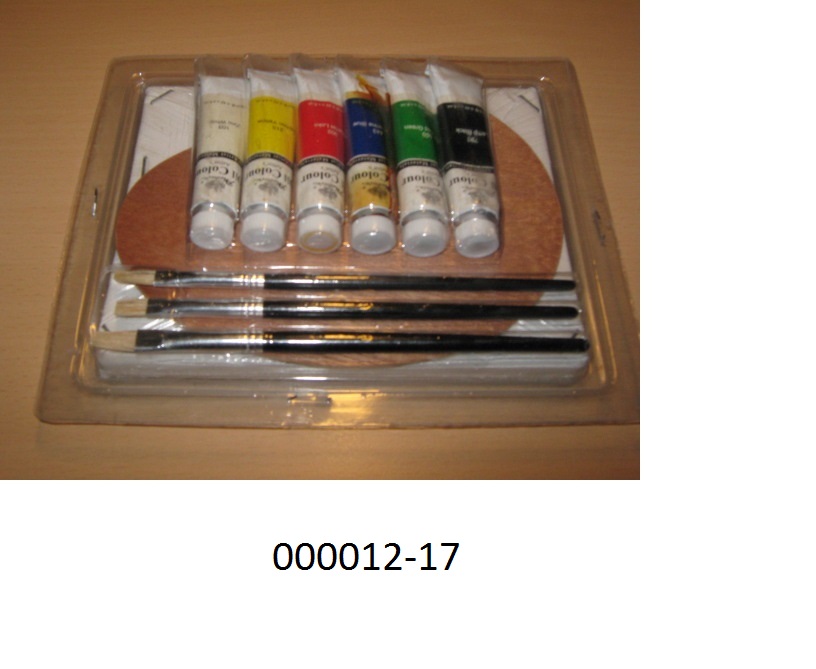 Warenzusammenstellung in Aufmachung für den Einzelverkauf, bestehend aus
1) Farben zur Unterhaltung in Zusammenstellungen, bestehend aus 6 Ölfarben zu je 12 ml, einer Farbmischpalette (16 cm x 12 cm), 3 Pinseln (Größe 4, 6, und 8) und
2) einem Keilrahmen (16 cm x 12 cm);
gemeinsam aufgemacht in einer durchsichtigen, zweiteiligen Kunststoffblisterverpackung.