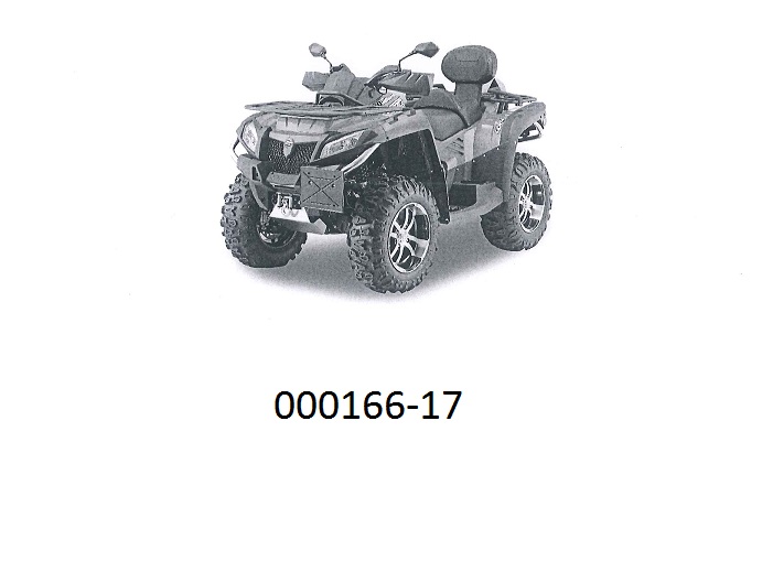 Neues vierradgetriebenes Geländefahrzeug (ATV), mit einer Seilwinde und einem flüssigkeitsgekühlten 800 ccm Hubkolbenverbrennungsmotor mit Fremdzündung ausgestattet. 
Das Fahrzeug weist folgende Merkmale auf:
 eine Lenkstange mit zwei Griffen, an der die Kontrolleinrichtungen für die Steuerung des Fahrzeugs montiert sind; die Lenkung wird durch Drehen der zwei Vorderräder bewirkt und beruht auf einem Kraftwagenlenksystem (Ackermann-Prinzip); 
 Bremssysteme an allen Rädern; 
 ein Automatikgetriebe und einen Rückwärtsgang; 
 einen Motor, der speziell für die Benutzung in schwer zugänglichem Gelände entwickelt ist und bei niedriger Drehzahl eine ausreichende Zugkraft für angehängte Gerätschaften liefert; 
 die Kraft wird über Wellen auf die Räder übertragen und nicht mittels einer Kette; 
 die Reifen haben ein tiefes Profil, das für unbefestigtes Gelände geeignet ist; 
 eine Ankupplungsvorrichtung beliebiger Art, z. B. einen Anhängehaken, mit der das Fahrzeug mindestens das Zweifache seines Eigengewichts ziehen oder schieben kann; 
 eine Anhängelast (nicht gebremst) von mindestens dem Zweifachen seines Eigengewichts.
Das Fahrzeug dient zur Verrichtung von Arbeiten im unwegsamen Gelände, kann aber auch zum Ziehen oder Schieben anderer Fahrzeuge, Geräte oder Lasten verwendet werden und ist zur Verwendung als Forstschlepper oder Ackerschlepper bestimmt.
(Angaben laut Antragsteller)
(Abbildung siehe Anlage)