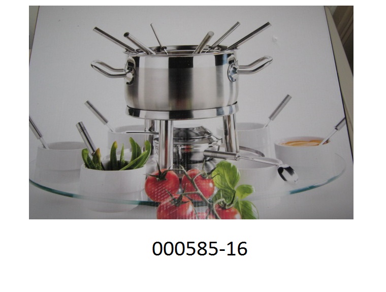 23-teiliges Fondueset, bestehend aus:
1 x Fonduetopf aus Edelstahl
1 x Spritzschutz aus Edelstahl
1 x Rechaud aus Edelstahl
1 x Brenner aus Edelstahl
1 x Drehkarussell aus Acryl
6 x Schälchen aus Porzellan
6 x Fonduegabeln aus Edelstahl 
6 x Fonduelöffel aus Edelstahl .
Aufgemacht in einem gemeinsamen, buntbedruckten Verkaufskarton.
Das Warmhaltegerät aus Edelstahl (Topf, Rechaud, Brenner) wird als charakterbestimmend angesehen.
(Angaben laut Antragsteller)
(Abbildung siehe Anlage)