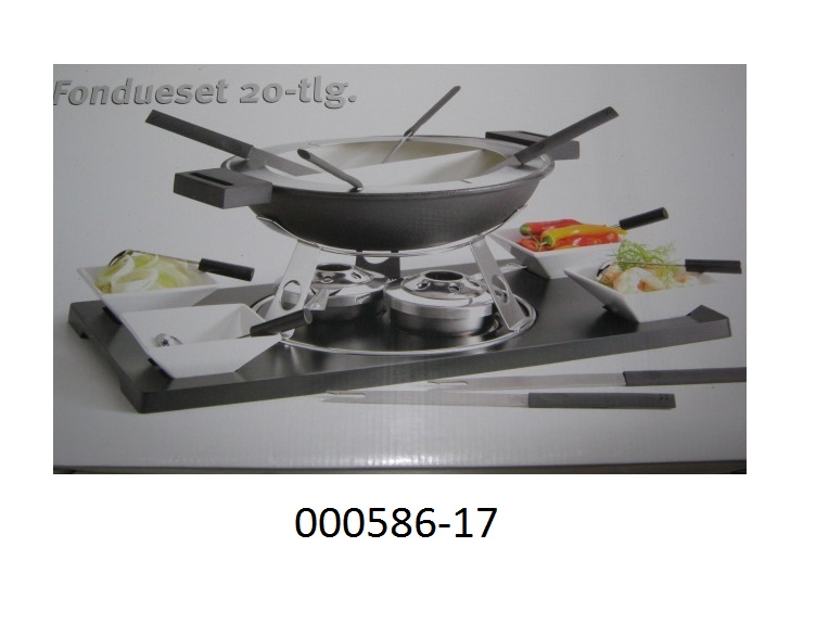 20-teiliges Fondueset, bestehend aus:
1 x Fonduetopf aus Gusseisen
1 x Spritzschutz aus Edelstahl
1 x Rechaud aus Edelstahl
2 x Brenner aus Edelstahl
1 x MDF Platte
4 x Schälchen aus Porzellan
6 x Fonduegabeln aus Edelstahl mit Kunststoffgriffen
4 x Fonduelöffel aus Edelstahl mit Kunststoffgriffen.
Aufgemacht in einem gemeinsamen, buntbedruckten Verkaufskarton.
Das Warmhaltegerät aus Gusseisen und Edelstahl (Topf, Rechaud, Brenner) wird als charakterbestimmend angesehen.
(Angaben laut Antragsteller)
(Abbildung siehe Anlage)