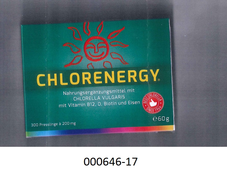 Dunkelgrüne, runde, beidseitig gewölbte Komprimate (Tabletten), bestehend aus getrockneten Einzeller-Mikroorganismen und zwar einzelligen, nicht lebenden Algen (Chlorella); aufgemacht in einem buntbedruckten Karton, einen bunt bedruckten, verschweißten Verbundfoliensack zu 300 Stück, enthaltend; das Erzeugnis dient als Nahrungsergänzung.