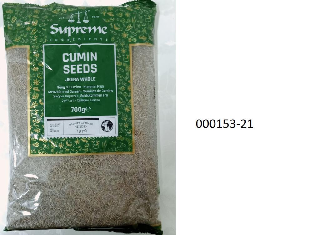Kreuzkümmelfrüchte (Samen), weder gemahlen noch sonst zerkleinert, in Form von länglich-ovalen Teilfrüchten (Körner), mit gezahnten Rippen auf dem Rücken; aufgemacht in einem buntbedruckten Verbundfoliensäckchen zu 700 g.