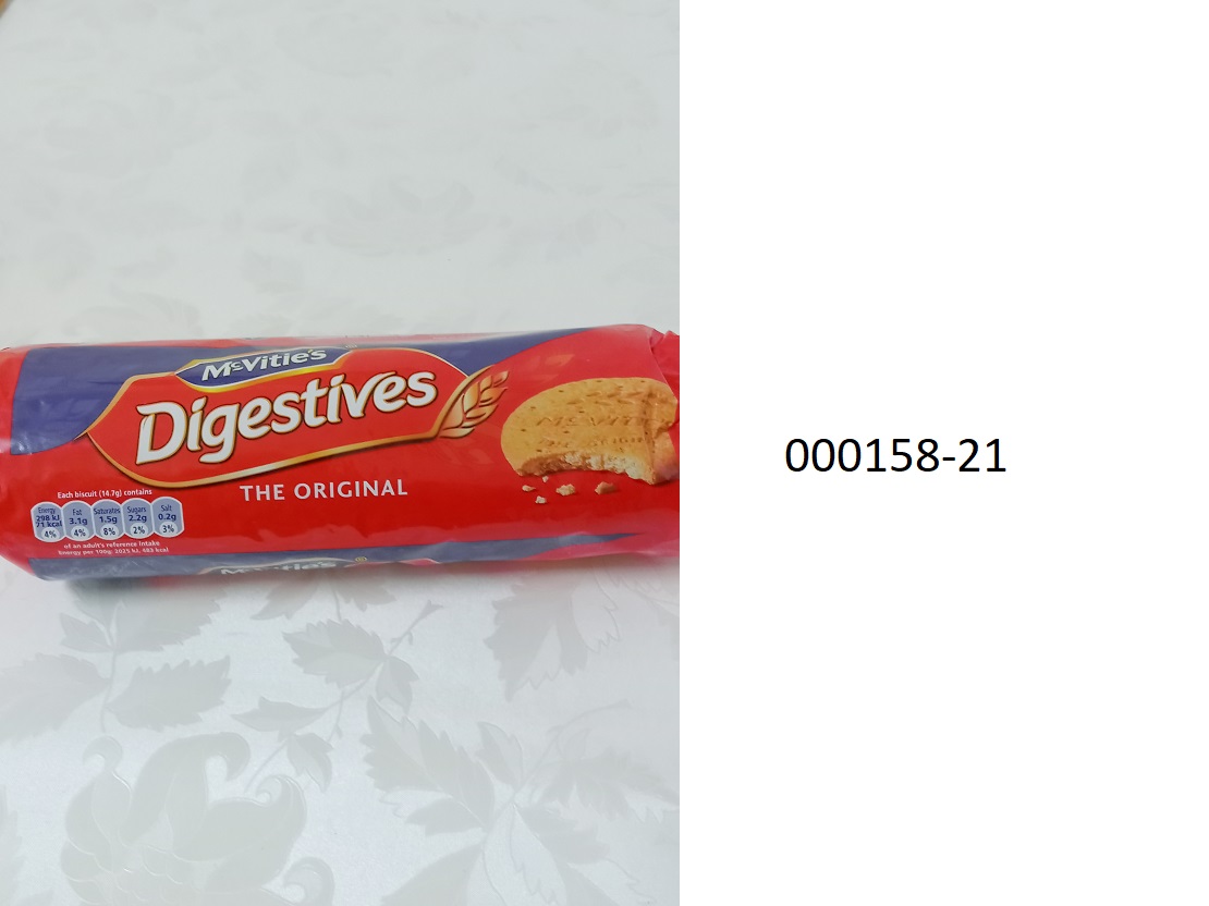 Beigefarbene, kreisrunde, flache, an der Oberseite punktförmig perforierte und mit der Prägung „McVitie´s Original“ und einer stilisierten Getreideähre versehene, süß schmeckende, trocken-mürbe, gesüßte Gebäckstücke (Kekse, Durchmesser ca. 7,3 cm, Dicke ca. 7 mm), weder ganz noch teilweise mit Schokolade oder kakaohaltigen Überzugsmassen überzogen oder bedeckt, mit einem Gehalt an Milchfett von weniger als 8 GHT, sowie mit einem Wassergehalt von 12 GHT oder weniger und einem Fettgehalt von 35 GHT oder weniger; im Wesentlichen bestehend aus Weizenmehl und Weizenvollkornmehl, Saccharose, Pflanzenöl, Kochsalz, Backtriebmitteln, sowie geringfügigen anderen Zusätzen; mit Gehalt an Milchfett: weniger als 1,5 GHT; Milchprotein: weniger als 2,5 GHT; Stärke/Glucose: mehr als 25 GHT, jedoch weniger als 50 GHT; Saccharose/Invertzucker/Isoglucose: mehr als 5 GHT, jedoch weniger als 30 GHT; aufgemacht in einem bunt bedruckten Schlauchfolienbeutel zu 400 g.