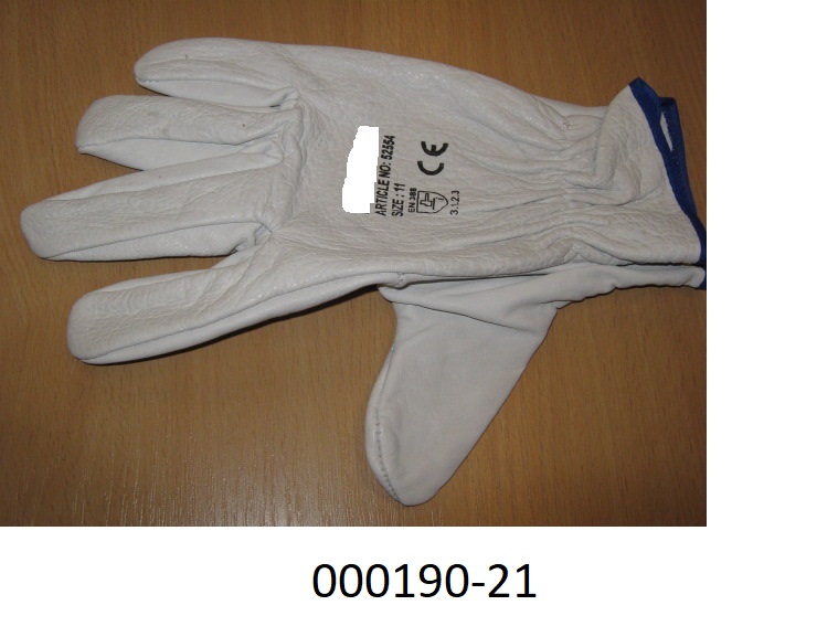 Fingerhandschuh (Arbeits-, Schutzhandschuh)
- bis über das Handgelenk reichend,
- bestehend aus zusammengenähten, einfärbigen Lederteilen.
(Abbildung siehe Anlage)