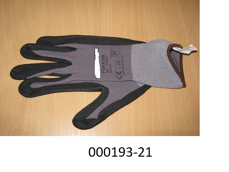 Fingerhandschuh (Arbeits-/Schutzhandschuh)
- bis über das Handgelenk reichend,
- bestehend aus einer dichten, feinen Wirkware aus texturierten Filamentgarnen auf Polyamidbasis, mit eingearbeiteten Elastomerfäden im Pulsbereich,
- im Bereiche der Hand- und Fingerinnenseite mit einer dünnen, geschäumten Schicht aus Nitrilkautschuk überzogen,
- durch Zusammennähen konfektioniert.
 (Abbildung siehe Anlage)