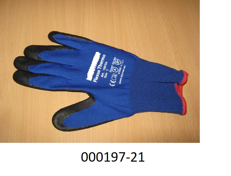 Fingerhandschuh (Arbeits-/Schutzhandschuh)
- bis über das Handgelenk reichend,
- bestehend aus einer feinen Wirkware aus texturierten Filamentgarnen aus Polyacrylnitril,
- im Pulsbereich mit eingearbeiteten Elastomerfäden,
- im Bereiche der Hand- und Fingerinnenflächen mit einer dünnen, genoppten Schicht aus Nitrilkautschuk überzogen,
- mit einer gerauten Innenseite,
- durch Zusammennähen konfektioniert.
 (Abbildung siehe Anlage)