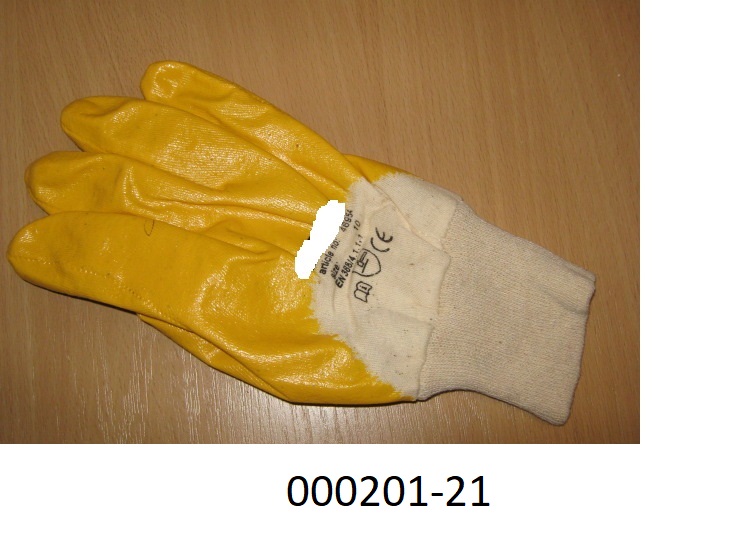 Fingerhandschuh (Arbeits-/Schutzhandschuh) 
- bis über das Handgelenk reichend,
- bestehend aus einer Wirkware aus Baumwolle,
- überwiegend mit einer Schicht aus Kunststoff überzogen,
- durch Zusammennähen konfektioniert.
 (Abbildung siehe Anlage)