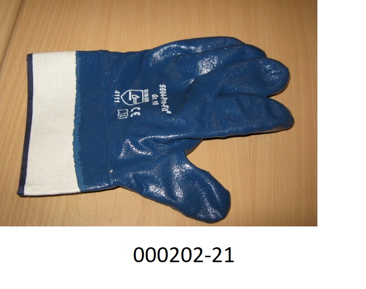 Fingerhandschuh (Arbeits-/Schutzhandschuh)
- bis ueber das Handgelenk reichend,
- bestehend aus einer Wirkware aus Baumwolle und einem gewebten Bund, 
- das gesamte Gewirke und 2cm des Bundes sind mit Kautschuk ueberzogen,
- durch Zusammennaehen konfektioniert,
- das Gewirke ist gegenueber dem Gewebe als charakterbestimmend anzusehen.
 (Abbildung siehe Anlage)