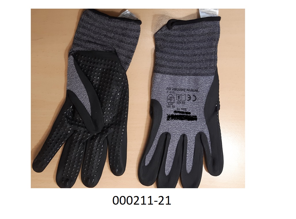 Fingerhandschuh (Arbeits-/Schutzhandschuh)
- bis über das Handgelenk reichend,
- bestehend aus einem elastischen Gewirke aus Polyamidmultifilamenten,
- an der Handinnenfläche und großteils an den Fingern mit Kautschuk beschichtet und mit Noppen versehen,
- im Bereiche des Handgelenkes mit eingearbeiteten, umsponnenen Elastomerfäden versehen.
 (Abbildung siehe Anlage)
