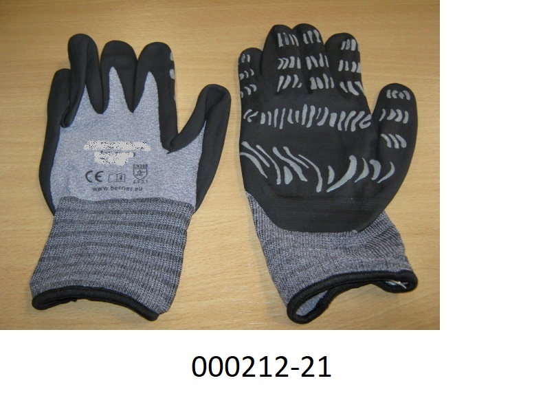 Fingerhandschuh (Arbeits-/Schutzhandschuh)
- bis über das Handgelenk reichend,
- bestehend aus einem feinmaschigen Gewirke aus Polyamid mit eingearbeiteten Elastomergarnen aus Kautschuk (im Handgelenksbereich umsponnen mit schwarzen Polyesterfilamenten) bzw. aus Polyetherurethan,
- im Bereiche der Handinnenflächen, sowie Teilen der Finger mit schwarzpigmentiertem Nitrilkautschuk überzogen, auf diesem sind musterartig Nitrilkautschuk-Streifen aufgetragen,
- durch Zusammennähen konfektioniert,
- verpackt in einem Beutel aus Kunststoff.
 (Abbildung siehe Anlage)