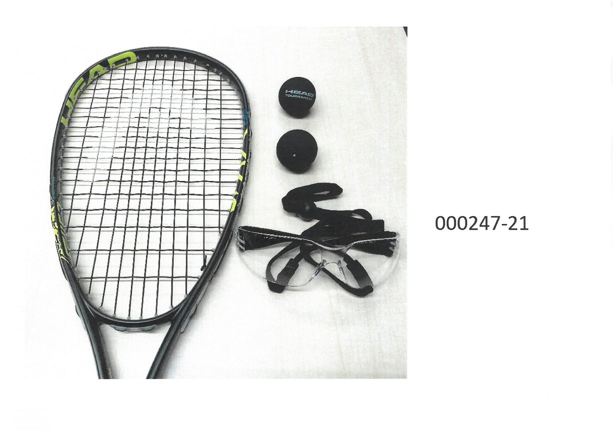 Ausrüstungsgegenstand für die allgemeine körperliche Ertüchtigung, in Form eines Squash-Sets, bestehend aus
- einem Schläger aus Aluminium mit Bespannung,
- Zubehör in Form von zwei Bällen aus Kautschuk und einer Brille aus Polycarbonat,
- in einer Umschließung in Form einer Blisterpackung mit Ankündigung für den Endverbraucher aufgemacht.
 (Materialangaben laut Antragsteller, Abbildung siehe Anlage)