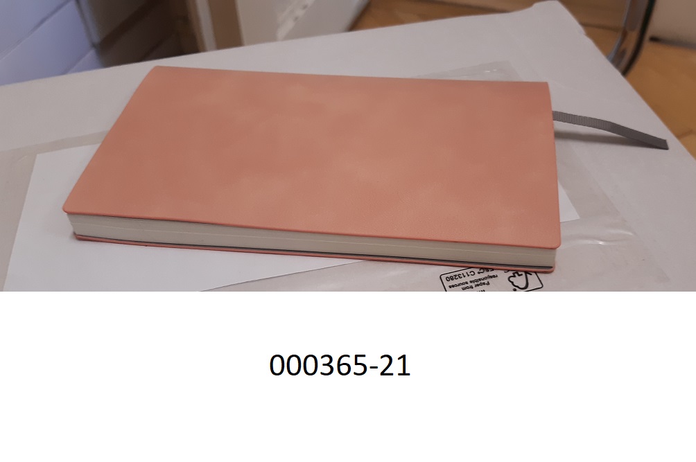 Notizbuch aus Papier
- mit den Maßen von ca. 10 x 17,8cm,
- glatt,
- gebunden, mit einer Außenseite aus Kunststoff, unterlegt mit je einer Lage aus Schaumkunststoff und Papier,
- mit einem am Buchrücken angebrachten, gewebten Band aus Spinnstoff als Lesezeichen ausgestattet,
- ohne Kalendarium.
 (Abbildung siehe Anlage)