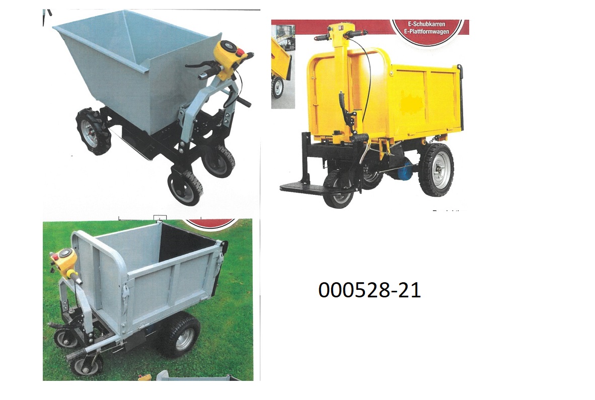 Elektrokarren (E-Dumper) ohne Hebevorrichtung, in der Bauweise eines schubkarrenartigen, selbstfahrenden Transportfahrzeuges,
- aus einem, mit einer mechanischen Kippfunktion (Kippentriegelung mit Hand) ausgestatteten Fahrgestell aus unedlem Metall und drei bzw. vier Rädern,
- mit einem wannenartigen Kippbehälter mit einem Ladevolumen von 270 bis 330 l (gestrichen),
- an der Vorderachse mit einem elektrischen, bürstenlosen Antriebsmotor mit einer Nennleistung von 700 bzw. 800 Watt,
- eine Lenkstange mit zwei Griffen, Handgas, Handbremse und Feststellbremse,
- mit einer Höchstgeschwindigkeit von 6 bis 8 km/h (vorwärts) und 5,5 km/h (rückwärts),
- mit einem Gewicht von 115 bis 154 kg (Betriebsgewicht inkl. Batterie).
- ist zum Transport und Abkippen von Schüttgütern wie Grasschnitt, Kies bzw. Sand oder dem Bewegen von Lasten wie Holzstücken über kurze Entfernungen in unebenem Gelände vorgesehen,
- aufgrund der Beschaffenheit zur Verwendung außerhalb des Straßennetzes bestimmt.
(Angaben laut Antragsteller)
(Abbildung siehe Anlage)